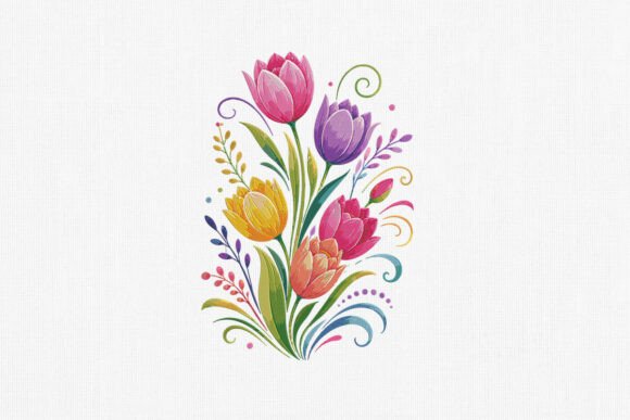 Colorful Tulip Floral Embroidery Art