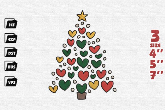 Whimsical Christmas Tree of Hearts Embroidery Design
